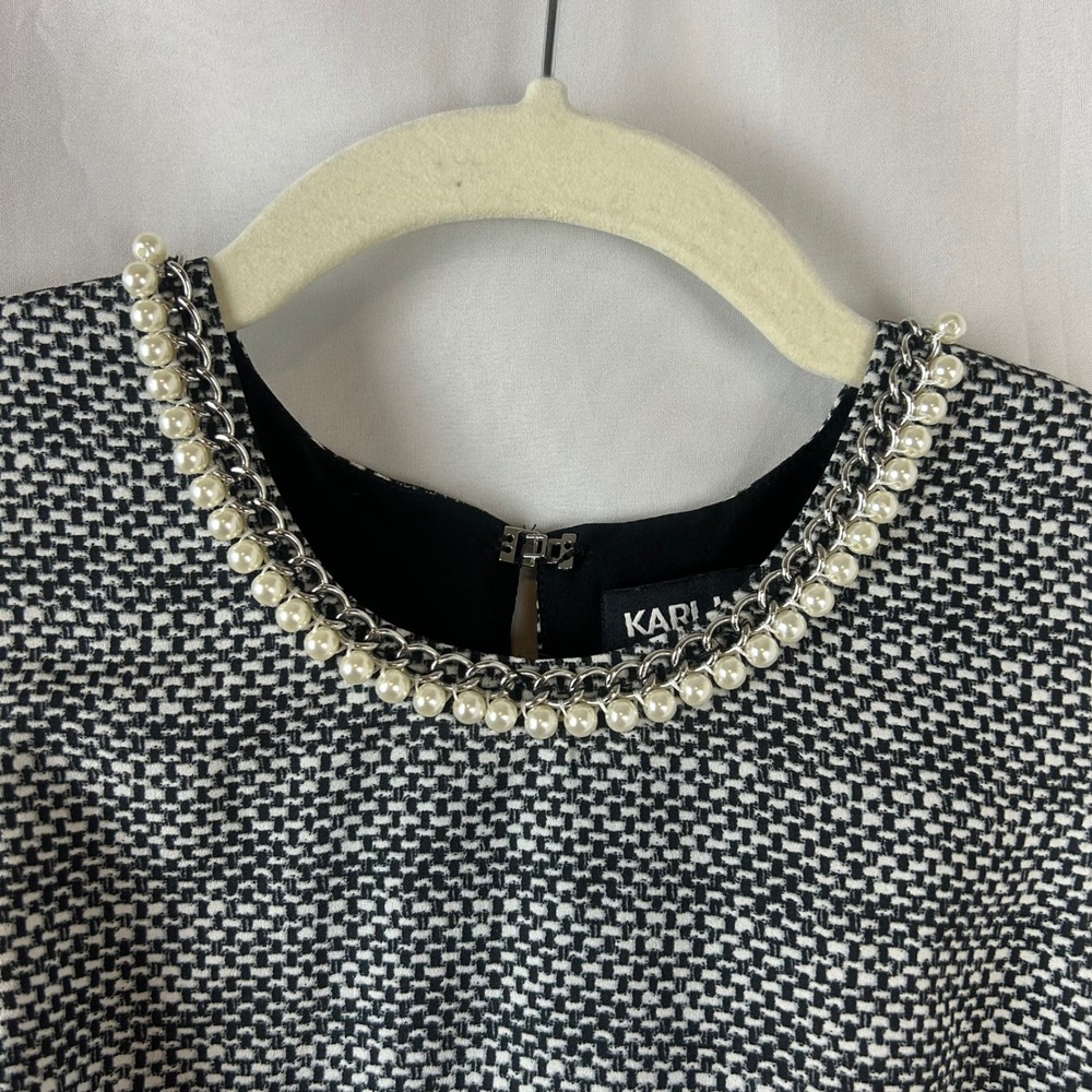 Karl Lagerfeld Paris Womens Black White Pearl Chain Tweed Print Shift Dress 2 - Picture 4 of 11